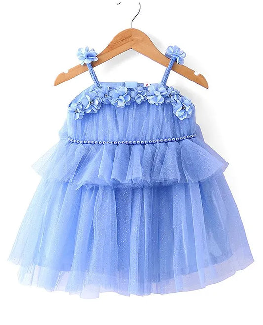 Woven Sleeveless Shimmered Ruffled Party Frock with Floral Applique - Blue